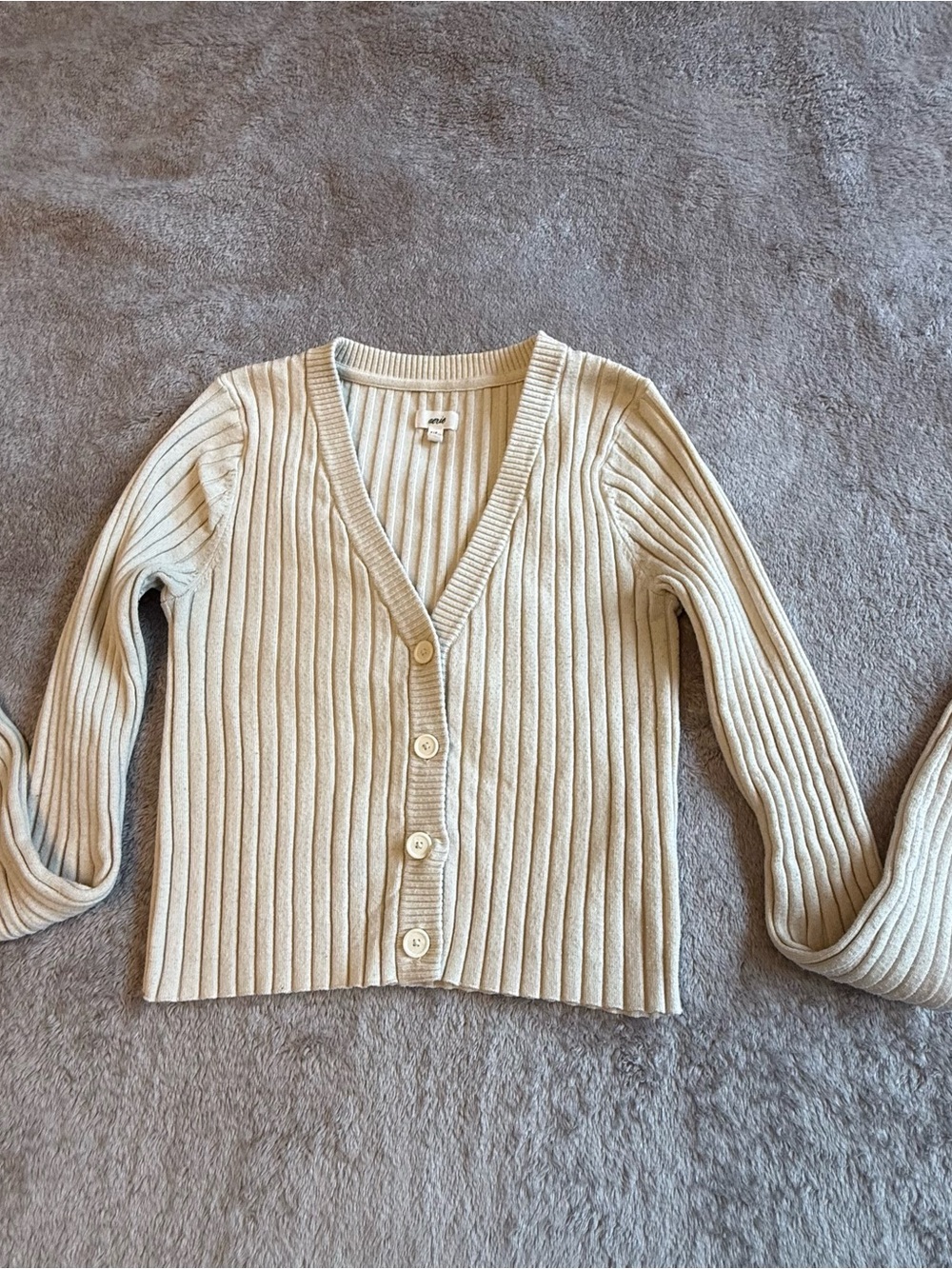 Aerie Cream Ribbed V-Neck Button Cardigan, S/P